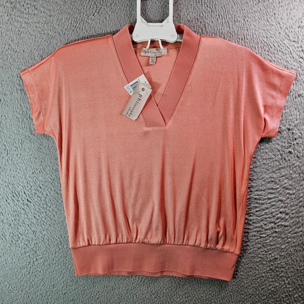 NWT Philosophy Top Women XS V-Neck Liquid Knit Short Sleeve Peach